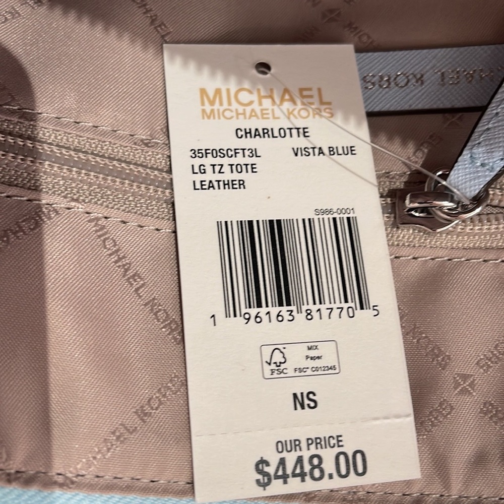 MICHAEL KORS Charlotte Large Leather Top-Zip Tote
Vista Blue 
NWT - Picture 2 of 16